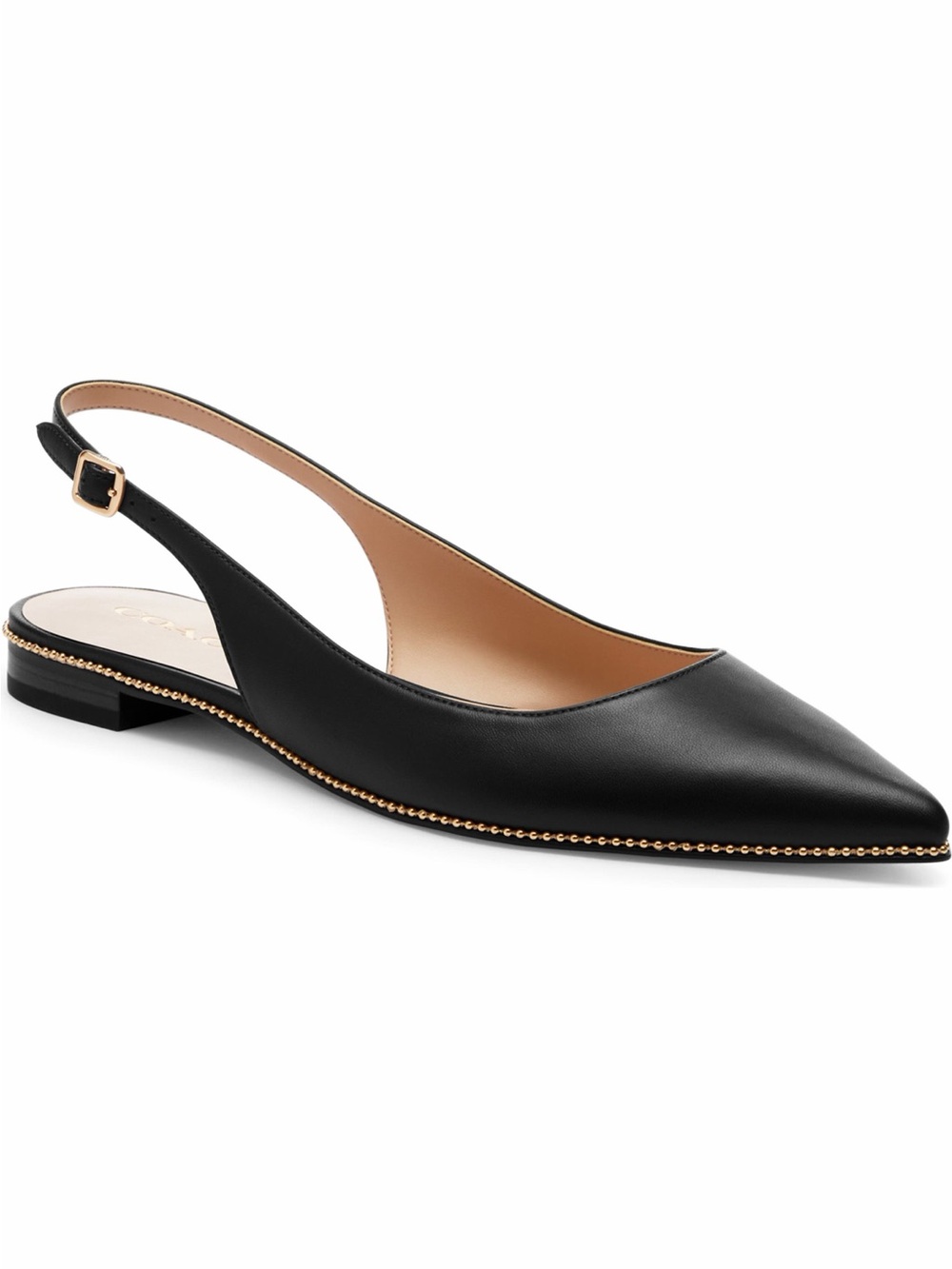 Coach Claire Bead Chain Skimmer Black Pointed Slingback Flats Gold Bead Trim